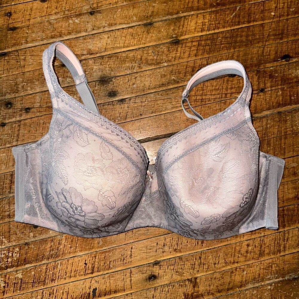 Cacique 42DD gray modern lace covered LL Balc bra